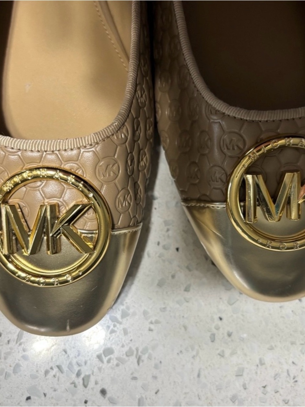 Michael Kors Beige Logo Ballet Flats with Gold Cap Toe - Picture 9 of 10